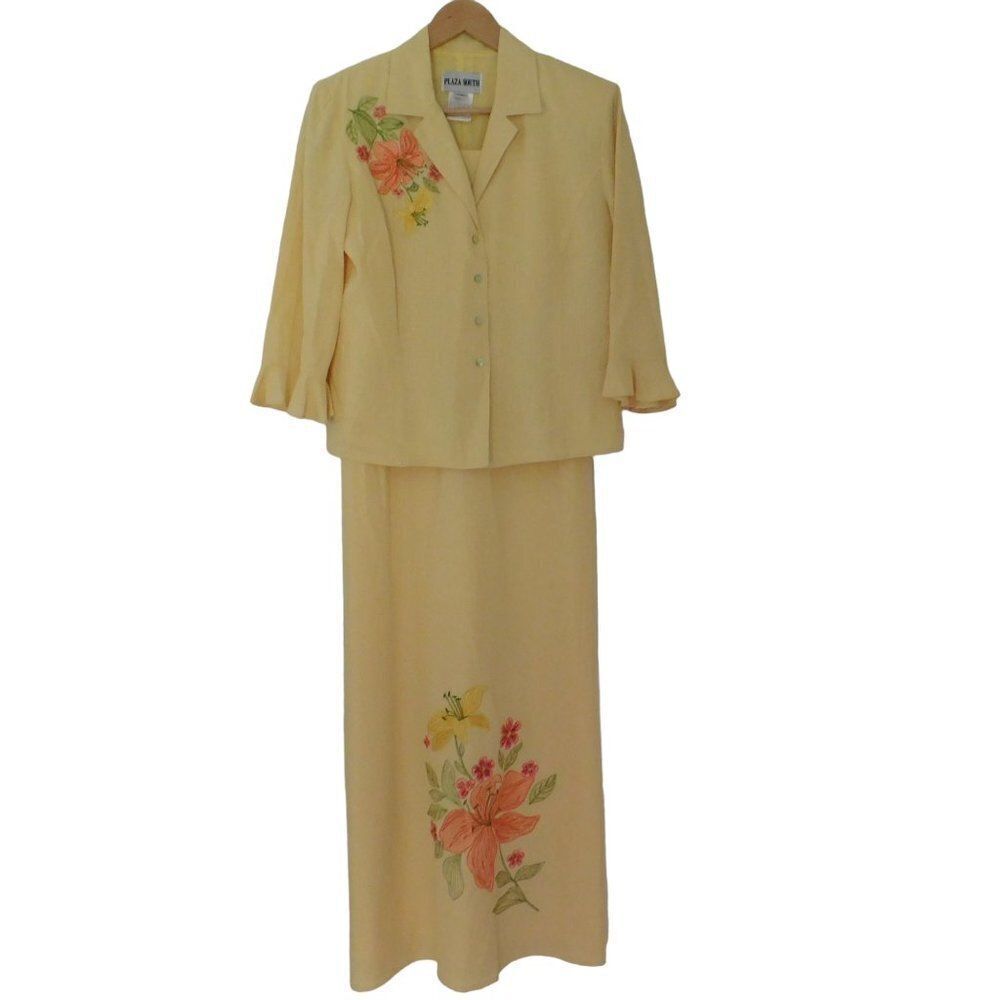Plaza South‎ Sleeveless yellow Long Dress Embroidered Jacket Linen Blend sz 10